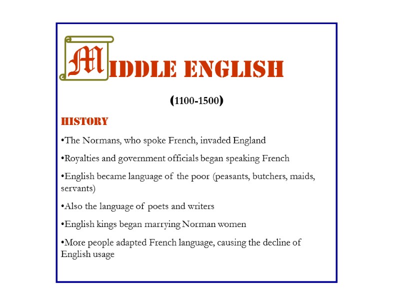 iddle English (1100-1500) HISTORY The Normans, who spoke French, invaded England Royalties and government